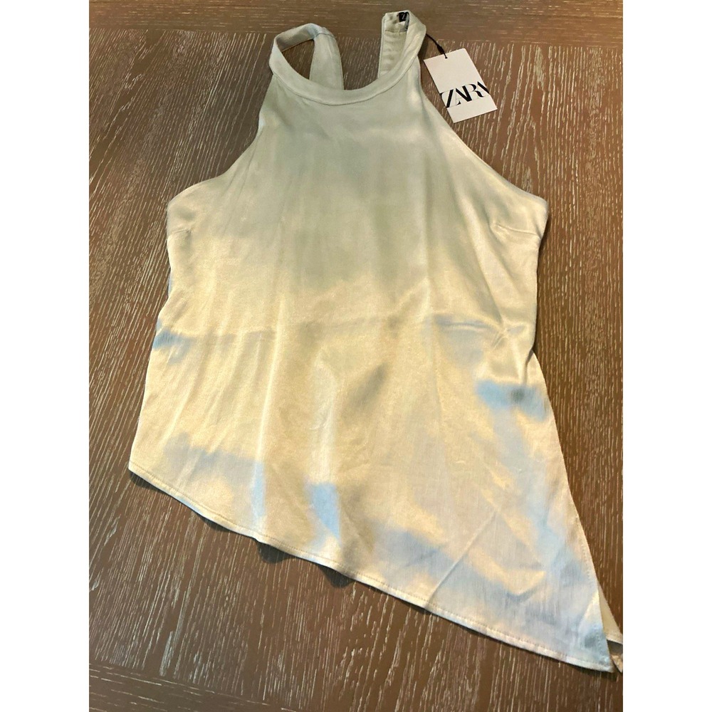 ZARA Women's Satin Tie-Dye Halter Top Sleeveless White L
